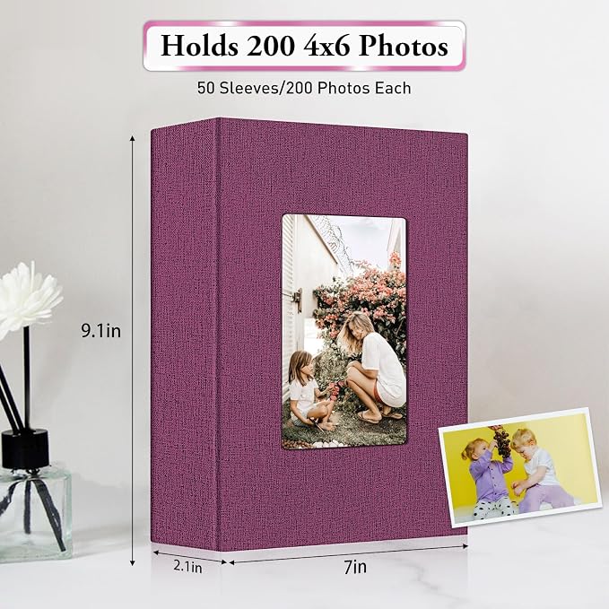 Photo Album 4x6,Linen Cover Slide-in Photo Album Book Can Holds 200 4x6 Photos with 50 Black Sheets for Baby Family Pictures Artwork or Postcards Storage (Purple) - Image 3