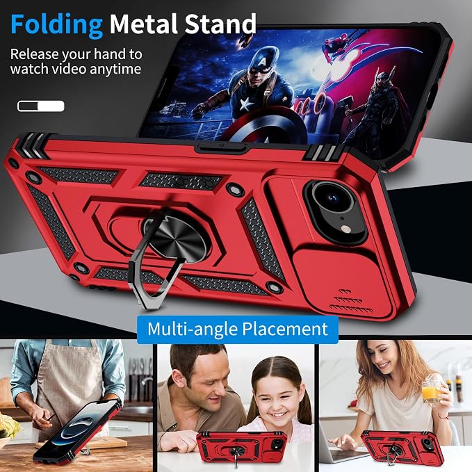 for iPhone 17e Case & iPhone 16e Case with 2X HD Screen Protector & Slide Camera Cover & Rotated Ring Kickstand, Rugged Heavy Duty Protective Phone Case for iPhone 17e/16e 6.1 inch, Red - Image 3