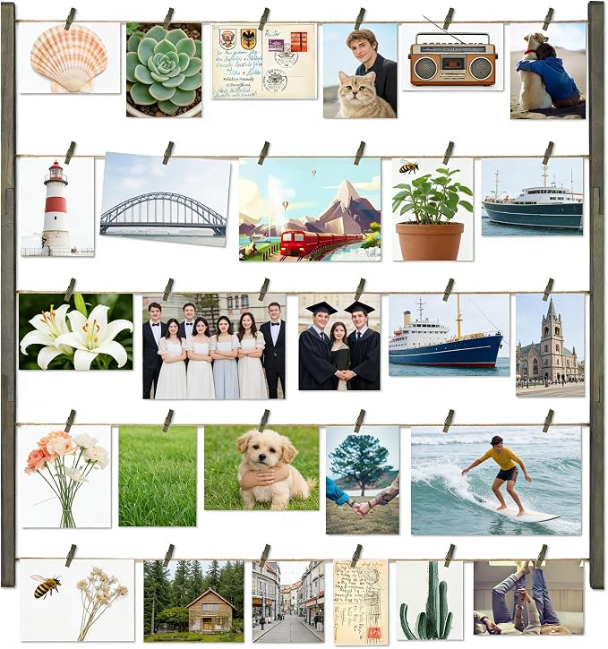 Love-KANKEI Wood Picture Frames Collage Wall Decor Display,30 Clips,26"×29" | 5 Adjustable Twines,Display Photos,Postcards,Art Prints,For Bedroom,Living Room,Offices,Dorm,Gallery,Gift,Weathered Grey by Love-KANKEI