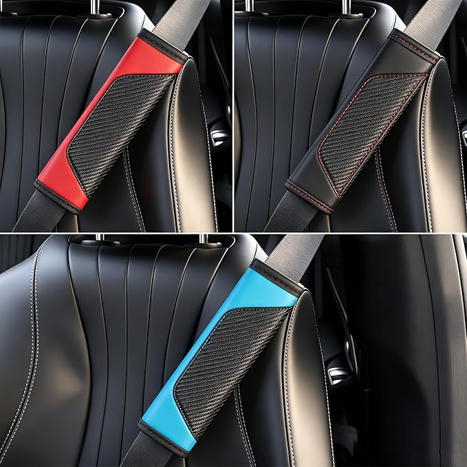 Carbon Fiber PU Leather Seat Belt Covers - 2Pcs, Black with Red Stitching Sporty Seat Belt Pads, Universal Fit - Image 7