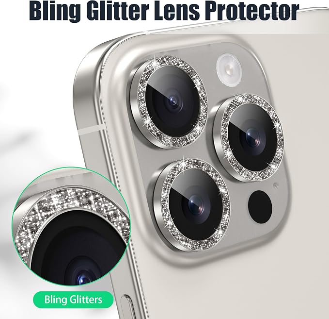 AGVEE 3+3 6 Pack for iPhone 16 Pro & Max Camera Lens Protector Cover | Individual Bling Diamond & Bling Glitter Sparkle Cute Gem Metal Ring, 9H Tempered HD Glass - Image 5