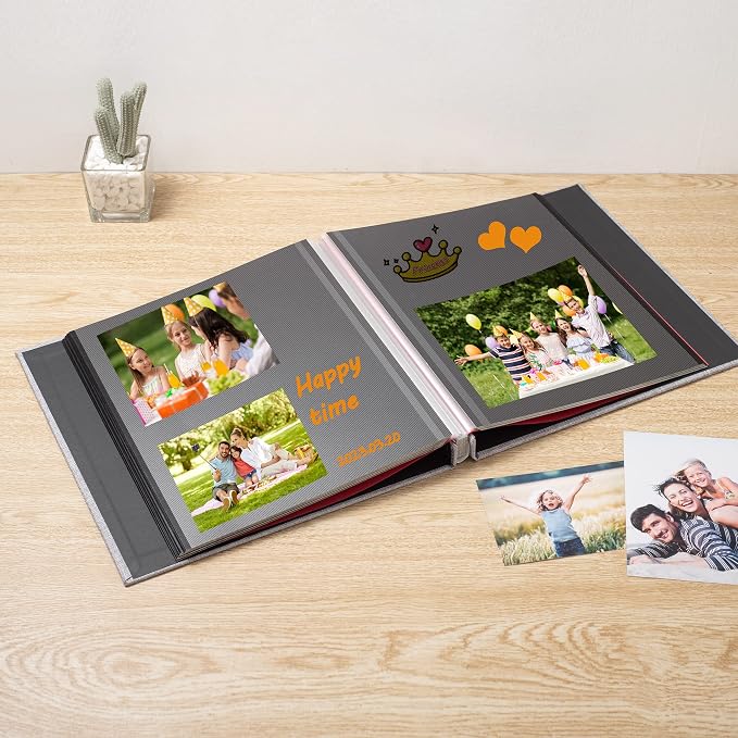 Large Photo Album Self Adhesive 4x6 8x10 10x12 13"x12.6" Scrapbook 12.6"x11" Inch 60 Black Sticky Pages Linen Cover Magnetic Photo Album with A Metallic Pen and DIY Stickers(Grey) - Image 2