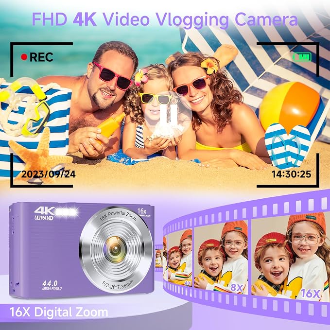 Digital Camera, FHD 4K Digital Camera for Kids Purple with 64GB SD Card 16X Digital Zoom, Cameras for Photography Compact Point and Shoot Camera for Teen Boys Girls Kids Autofocus Camera Digital - Image 3