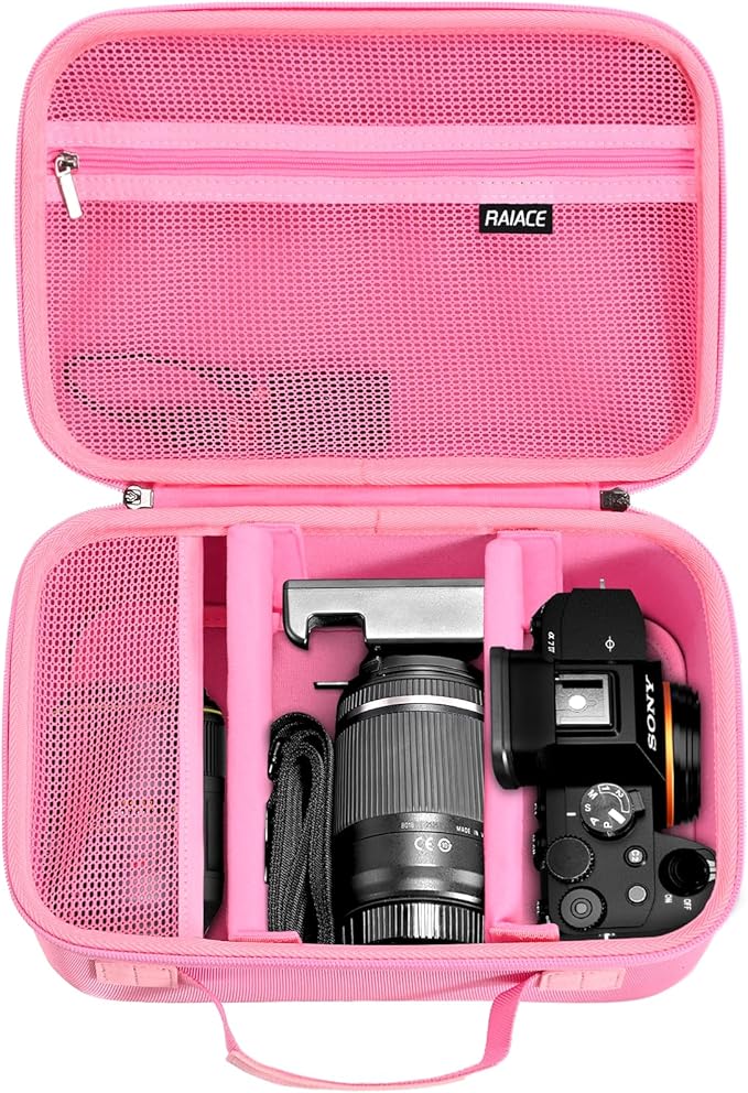 RAIACE Hard Case Compatible with Sony Alpha 7 II III IV/7R V Camera, for Nikon, for Canon, for Pentax and More. Large Capacity With Mesh Pocket for Lens, Charger, Cables, Cards and Accessories.-Pink by RAIACE
