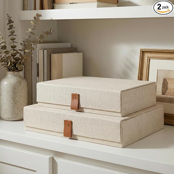 ZICOTO Decorative Photo Storage Boxes with Lids - Set of 2 Linen Organizers | Beautiful Boxes Safely Store Your Pictures, Documents, Scrapbooking Supplies, Keepsakes and Other Memories in Style by ZICOTO