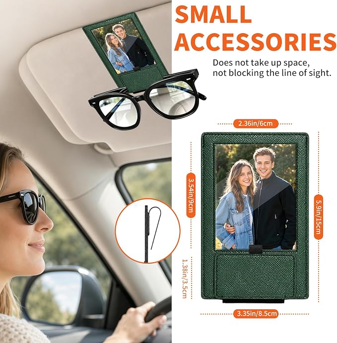 2-in-1 Car Visor Sunglasses & Photo Holder, Magnetic PU Leather Glasses Clip with Picture Display Slot, Universal Sun Visor Organizer for Eyeglasses, Personalized Cards & Memories, Green - Image 5