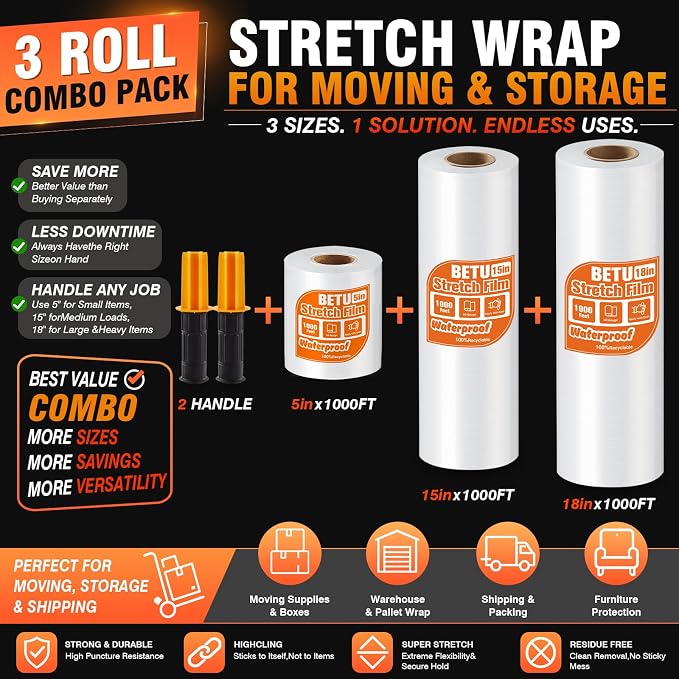 Stretch Film Shrink Wrap Complete Moving Kit (5"+15"+18") x 1000 Ft for Moving Supplies, Heavy Duty Plastic Wrap Stretch Roll for Moving Boxes Toys Books Pallet Wrapping Furniture with Handles, Clear - Image 3