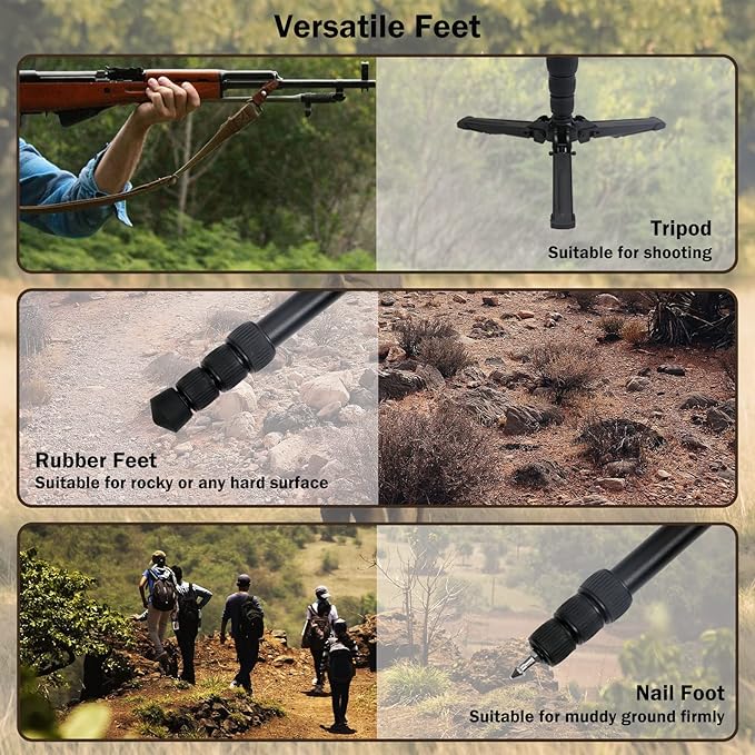 Hunting Monopod Shooting Tripod Stick Gun Rifle Rest | Tiltable and Horizontally Rotatable Tri-Stand Tripod Base, 21"-65" Height Adjustment, Matt Aluminum Construction - Image 5