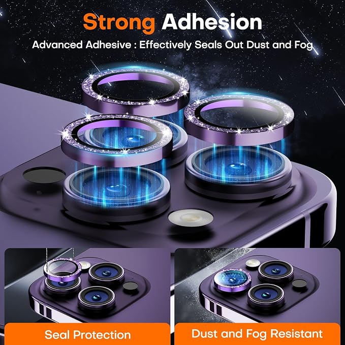 Camera Lens Protector for iPhone 14 Pro Max/14 Pro- Glitter Purple | 9H Tempered Glass, Metal Individual Camera Cover, Accessories, Anti-drop, Case Friendly, HD Clear, Anti-Scratch - Image 2