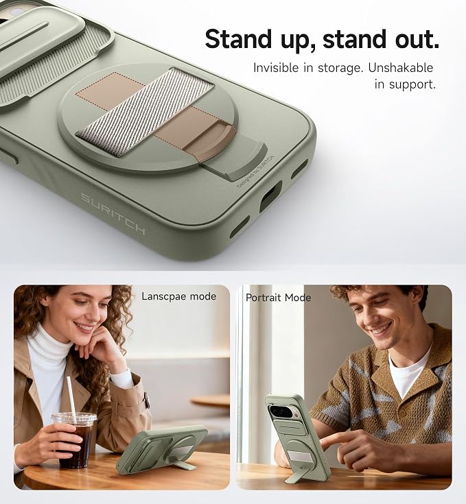 SURITCH for Google Pixel 10/10 Pro Case with 360° Rotatable Hand Strap Phone Grip Holder & Invisible Kickstand & Slide Camera Cover, Protective Cover for Pixel 10/10 Pro -Green - Image 6