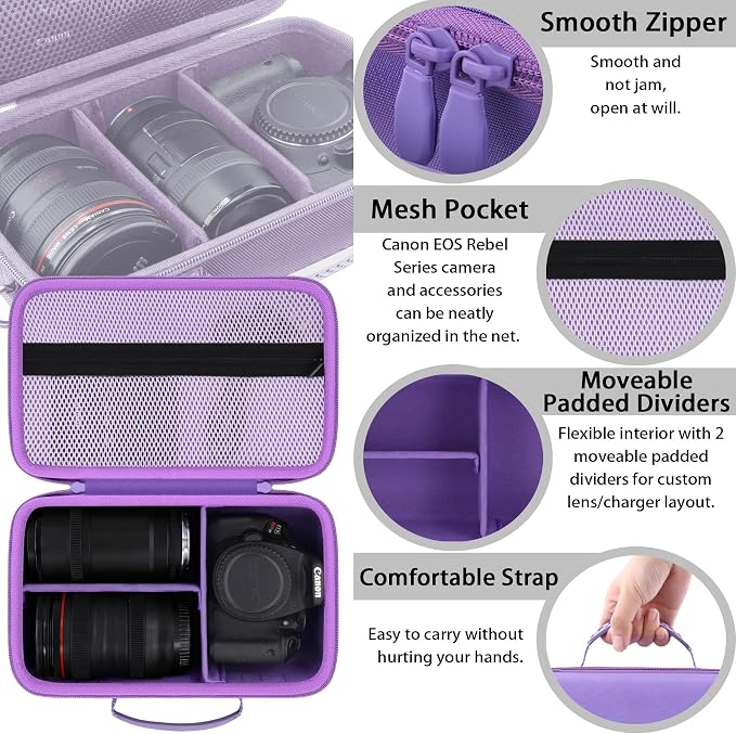khanka Camera Case for Canon EOS Rebel R6 V/T7/T100/T6/R50/R100/R5/R7/R8/R6 Mark II/SL3 DSLR Camera,Travel Carrying Case for Canon EOS Rebel Camera and 18-55mm/18-45mm Lens(Purple Case Only) - Image 6