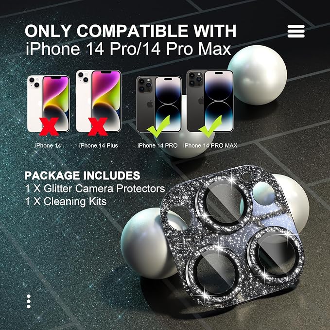 Choiche for iPhone 14 Pro/iPhone 14 Pro Max Camera Lens Protector | Bling Camera Cover with 9H Tempered Glass Lens Screen Protector Metal Ring Decoration Accessories (Glitter-Black) - Image 2