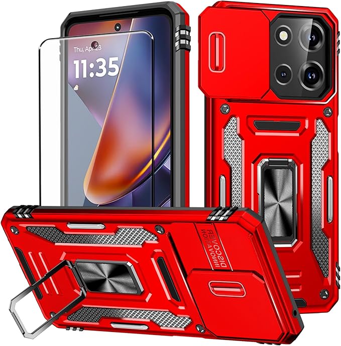 for Moto G 2025 Case with Screen Protector and with Camera Cover, 360°Military Grade Rotatable Kickstand (Heavy Duty) Shockproof Protective, Case for Moto G 2025 Red by Aozuoton