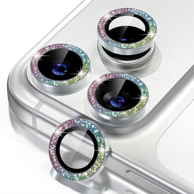 Misea Compatible for iPhone 17 Pro/iPhone 17 Pro Max Camera Lens Protector | 9H Tempered Glass Ultra HD Bling Camera Screen Protector Cover Metal Individual Ring Decoration Accessories, Colorful Glitter by Misea