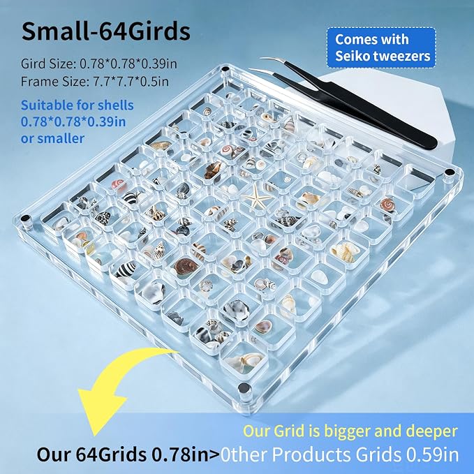 Acrylic Magnetic Seashell Display Case HD Panel with Tweezers | Small Upgraded Grids with Magnetic Snap, a Seashell Display Box for Collecting Shells, Jewelry, Crystals, Beads - Image 2