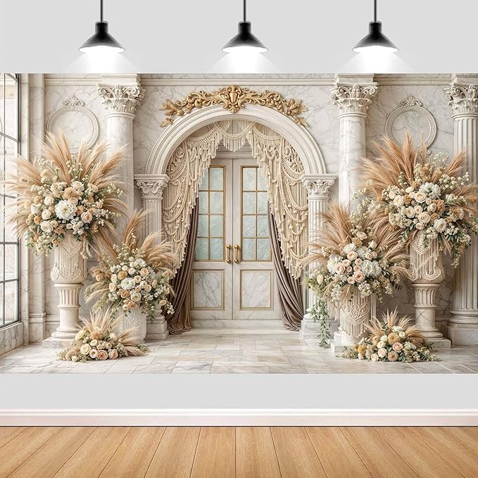 6X4ft European Retro Palace Backdrop Elegant Boho Flowers Photography Background Luxurious Dreamlike Wedding Bridal Shower Party Decoration Supplies Cake Table Photo Booth Studio Props by JAWO