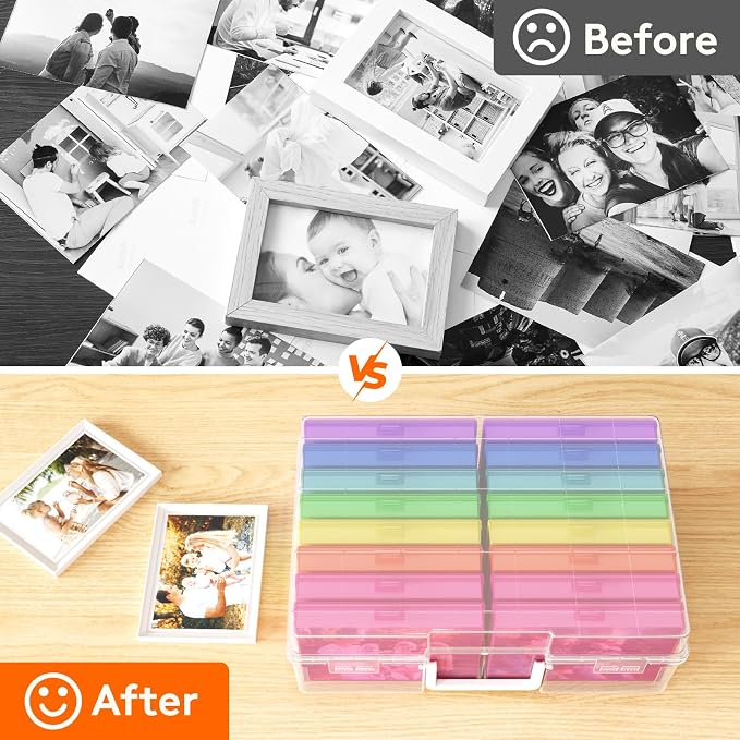 Lifewit 16 Pcs Photo Storage Box for 4"x 6" Pictures, Acid-Free, Multicolor | 1 Pcs Transport Outter Case with Handle& Labels, Container for Cards, Sticker, Seed, Scrapbooking, Craft, Classroom Supplies - Image 4