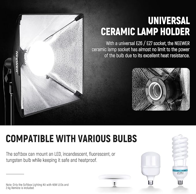 NEEWER 2Pcs 24"x24" 900W Equivalent Softbox Lighting Kit with Tripod Stands, 45W Bi Color 2.4G LED Bulbs, Remote, 10 Channels 2900K-7000K 1400lx/m CRI95, Photography Continuous Lighting Kit, NK103 - Image 7