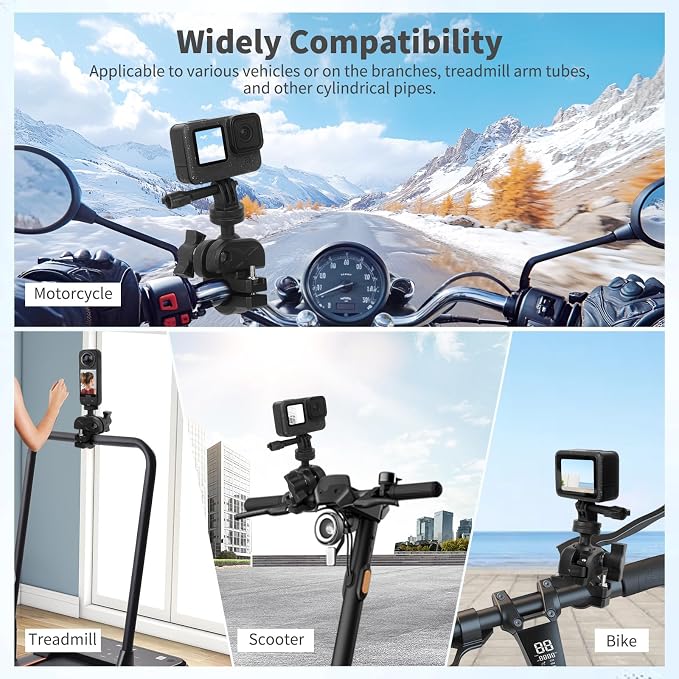 Bike Motorcycle Camera Mount Bundle Kit, 1/4 Screw & Tripod Mount Adapter, 360°Rotating Ball Head Base -Ballhead Arm Super Mounting Clamp for Most Action Camera, Clamp(0.86"-1.26“) 75016 - Image 7