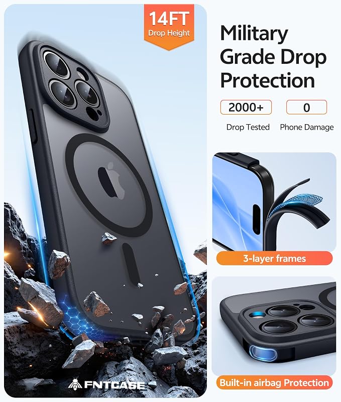 FNTCASE for iPhone 15 Pro Case, Fit for Magsafe, Screen Protector, Black | Full Camera Protection, Translucent Matte, 14FT Military Grade Drop Proof, Shockproof Protective Phone Cover - Image 6