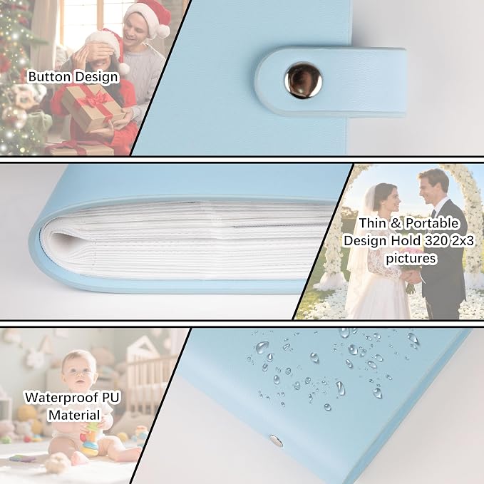 Veicevol 320-Pocket 2x3 Photo Album for Instax Mini and Polaroid, Blue | PU Leather Cover Keeps, Fits Instax Mini and Polaroid 2x3 Photos, Protects Travel, Wedding and Family Memories - Image 6