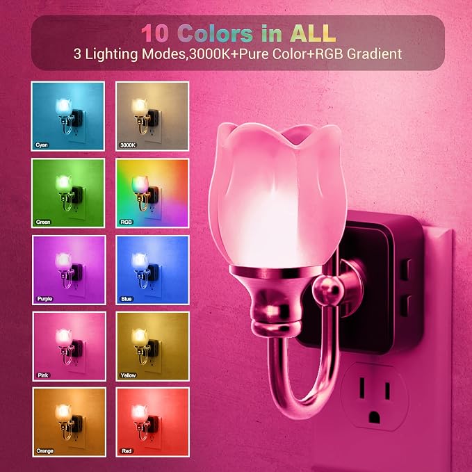JandCase Night Light, Color Changing Night Lights Plug into Wall RGB | Glass Tulip LED Nightlight, Dimmable Flower Nightlights, Dusk to Dawn Sensor, 180° Rotating Vintage Nite Light for Bathroom - Image 3
