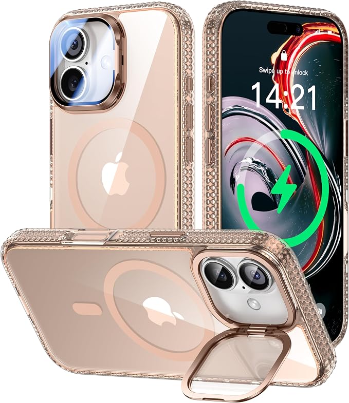 VOFATA [Upgraded Full Camera Protection] for iPhone 17 Case with Camera Cover Stand [Fit for MagSafe][10FT Mil-Grade Protection] Transparent Magnetic iPhone 17 Phone Case, Clear Gold by VOFATA