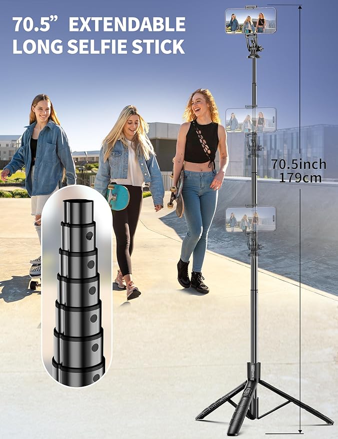 Aluminum 71" Phone Tripod, Travel Tripods for iPhone with Remote, Extendable Cell Phone Selfie Stick Tripod Stand Compatible with iPhone 17/16/15/14/13/Android/Camera - Image 3