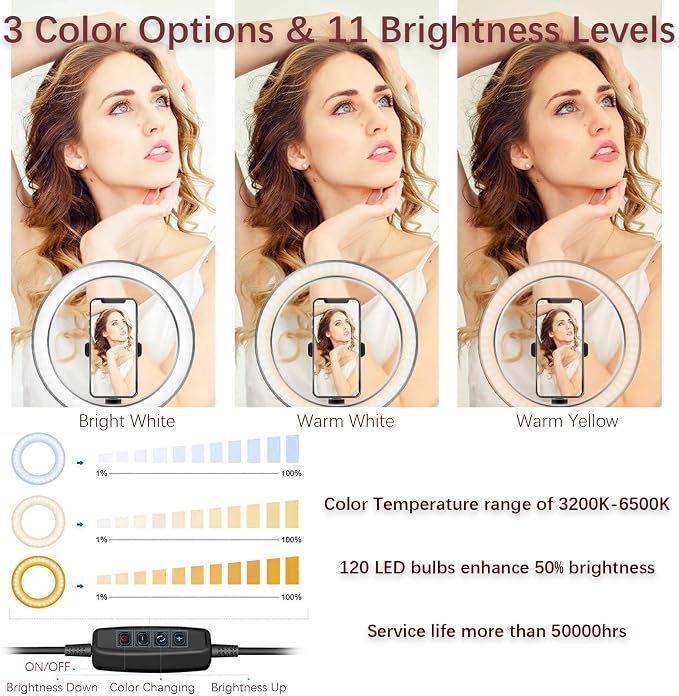Ring Light OEBLD Dimmable with 3 Light Modes & 10 Brightness Level 360° Rotae LED Ring Fill Lights for Phone Live Stream Makeup YouTube Video Shooting (C(10'' Ring Light with Clip)) - Image 2