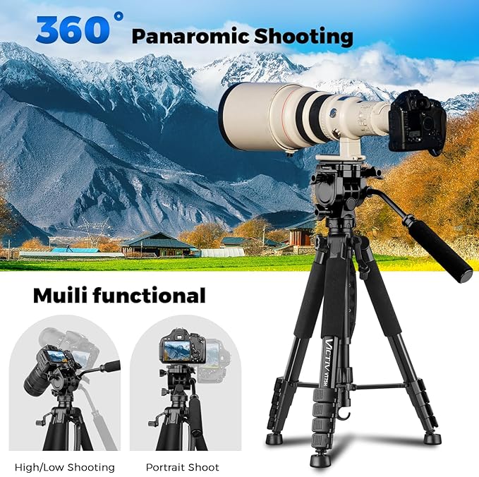 VICTIV 75” Camera Tripod, Tripod for Video Camera with Carry Bag, Black | Heavy Duty Tripod for Camera and Phone with Phone Holder and Remote, Compatible with DSLR, Spotting Scopes, Camcorder, GoPro - Image 3