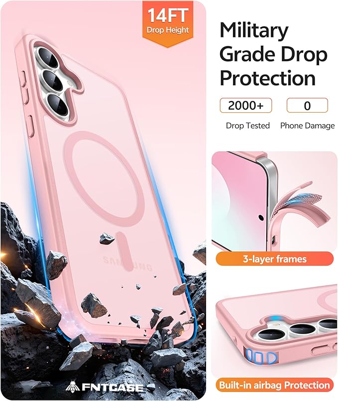 FNTCASE for Samsung Galaxy S25 FE Case, Fit for Magsafe, Screen Protector | Translucent Matte Magnetic Back, 14FT Military Grade Drop Protection, Slim Shockproof Protective Phone Cover, Light Pink - Image 5