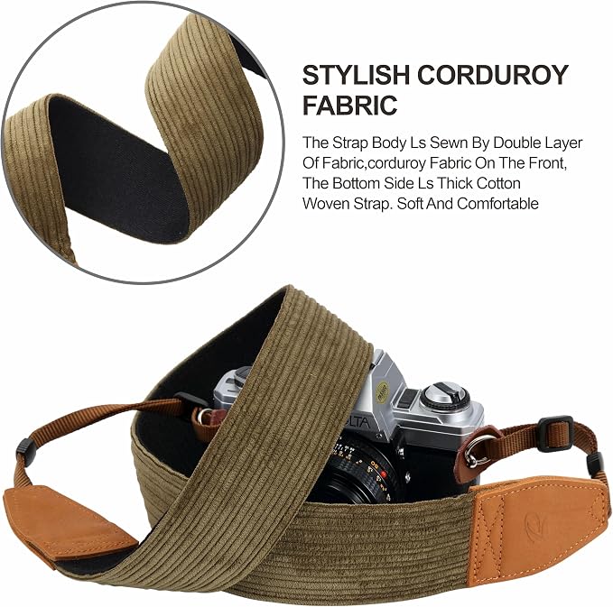 Padwa Lifestyle Olive Green Corduroy Camera Strap - 2" Double Layer Full Grain Cowhide Leather Head Camera Straps for Photographers, Unique Soft Corduroy Fabric with Quick Release fits all Cameras - Image 4