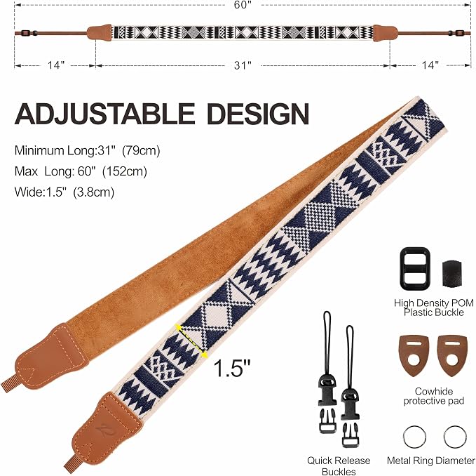 Padwa Lifestyle Diamonds Camera Strap - 1.5" Crazy Horse Cowhide Ends Camera Straps for Photographers, Cute Cotton Weave Soft Suede Fabric Padded Strap fits All Cameras for Adults & Kids - Image 6