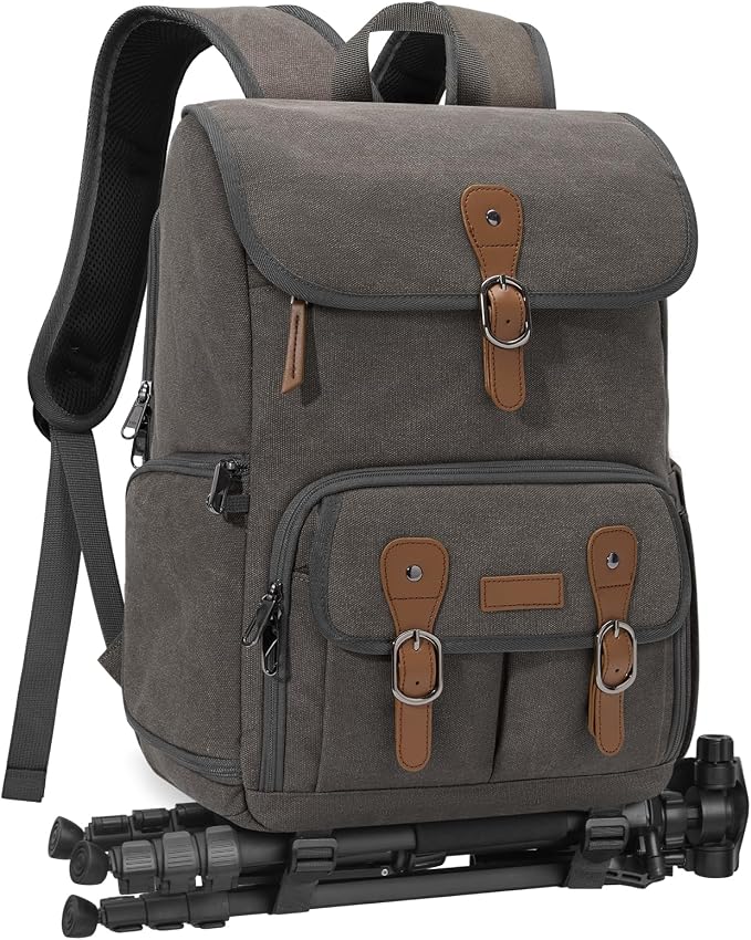RAINSMORE Camera Backpack, DSLR SLR Mirrorless Camera Bag for Photographer | 15.6 Inch Vintage Canvas Camera Case with Laptop Compartment & Tripod Holder & Rain Cover for Sony Canon Nikon Fujifilm Grey by RAINSMORE