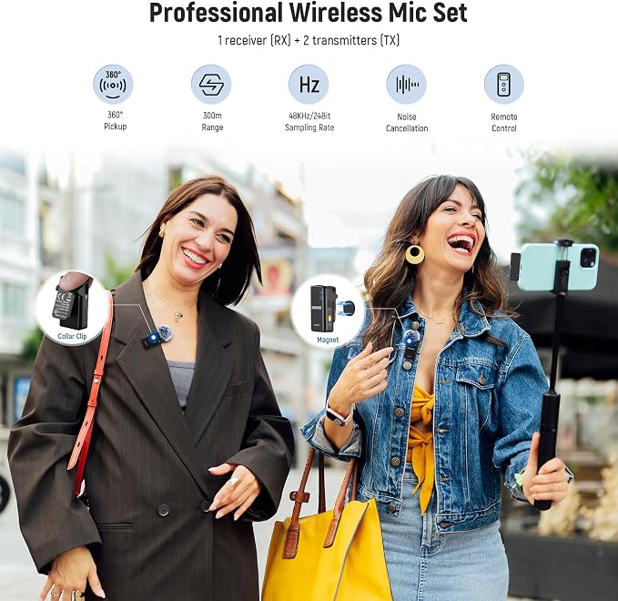 NEEWER KM15 Wireless Lavalier Microphone System Compatible with iPhone Android Phone PC Computer, Mini USB C Noise Cancelling Lapel Mic, 300m Range 48KHz/24Bit 9H Battery for Video Recording Streaming - Image 2