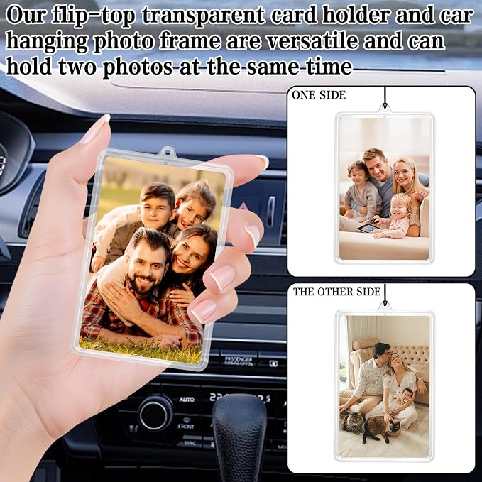 4Pcs Flip-Top Transparent Card Holder Car Hanging Photo Frame with Black Rope, Car Picture Holder Decor, Custom Rear View Mirror Hanging Picture Photo Ornament - Image 5
