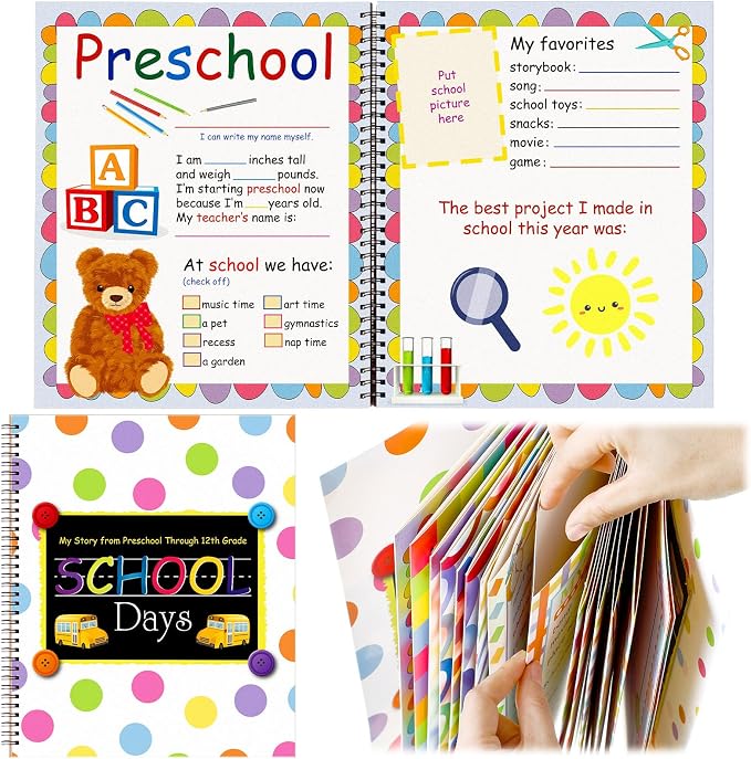 Motipuns School Memory Book Photo Album for Kids, Polka Dots | School Years Keepsake Book Album Scrapbook from Preschool Through 12th Grade with 14 Pocket for Storage Portfolio Pictures by Motipuns