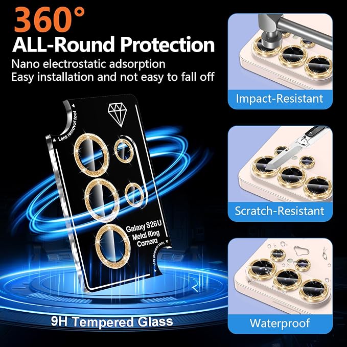 for Samsung Galaxy S26 Ultra Camera Lens Protector, Individual Metal Ring Tempered Glass Lens Cover, [Strong Adsorption] Scratch Resistant Ultra-Thin HD Clear Lens Cover, 1 Set-Gold Sparkly - Image 2