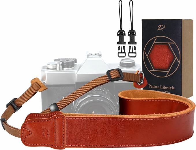 Padwa Lifestyle Orange Brown Leather Camera Strap - 1.5" Soft Full Grain Cowhide Camera Straps for Photographers, Soft Suede Fabric Padded Leather Strap with Quick Release fits All Cameras by PadwaLifestyleCameraStrap