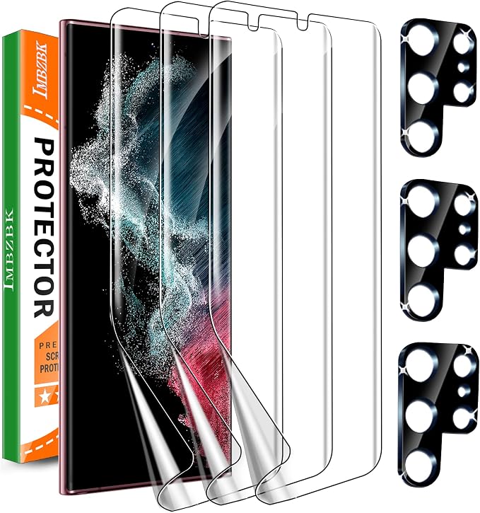 IMBZBK for Samsung Galaxy S22 Ultra 5G Screen Protector, 3+3 Pack | Flexible TPU Film with Tempered Glass Camera Lens Protector, Fingerprint Suitable, Case Friendly [3+3 Pack] by IMBZBK