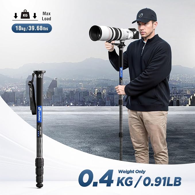 LEOFOTO 65" Lightweight Travel Carbon Fiber Monopod, 4 Section Professional Video Monopod with Wrist Strap for DSLR Mirrorless Camera, Max Load 18kg/39.68lb - Image 4