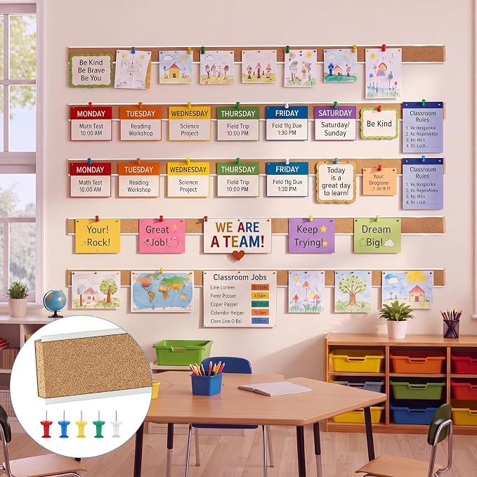 Threehoney 2 Pcs 72'' x 2'' Cork Board Strip for Wall - Bulletin Bar Tack Board With Aluminum Trim - Brown for Classroom Office Walls Cubicle - Image 2