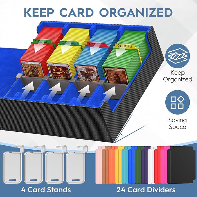 4 Row Trading Card Storage Box, 3200+ MTG Card Storage, Black & Blue | TCG Card Organizer Box with 24 Colorful Dividers and 4 Stands, Bulk PKM Storage, Deck Case Holder Fits for YuGiOh, Game Cards - Image 4