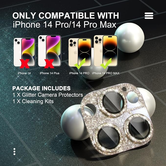 Choiche for iPhone 14 Pro/iPhone 14 Pro Max Camera Lens Protector | Bling Camera Cover with 9H Tempered Glass Lens Screen Protector Metal Ring Decoration Accessories (Glitter-Gold) - Image 2
