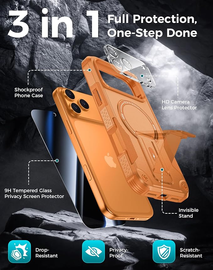 Goton 3 in 1 for iPhone 17 Pro Case with Privacy Screen Protector Orange | Glass Camera Lens Protector,Compatible for MagSafe,Invisible Kickstand, Shockproof Phone Cover for iPhone 17Pro - Image 3