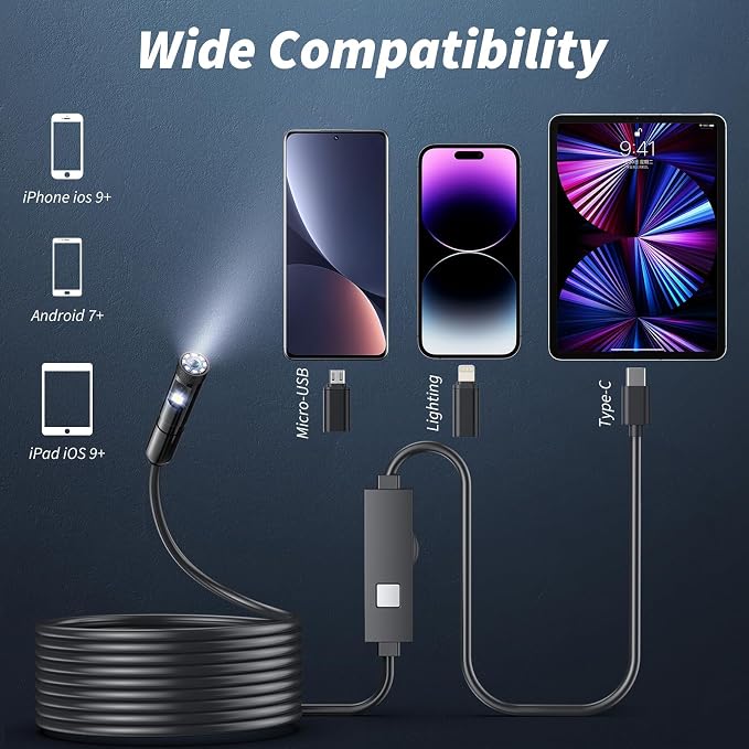 Endoscope Camera with Light,1920P HD Borescope Tools with 8 Adjustable LED Lights, Endoscope with Semi-Rigid Snake Camera, IP67 Waterproof Inspection Borescope for iOS and Android-16.4ft Dual-Lens - Image 6