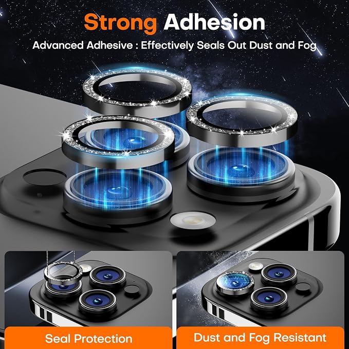 Camera Lens Protector for iPhone 16 Pro Max/16 Pro- Glitter Black | 9H Tempered Glass, Metal Individual Camera Cover, Accessories, Anti-drop, Case Friendly, HD Clear, Anti-Scratch - Image 2