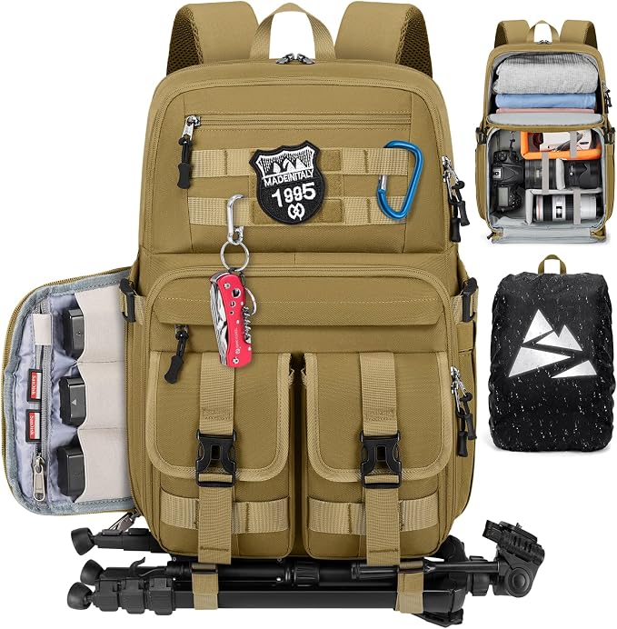 RAINSMORE Camera Backpack, DSLR/SLR/Mirrorless Camera Bag for Photographers | 15.6 Inch, Waterproof Tactical Photography Backpack Case, with Rain Cover & Tripod Holder by RAINSMORE