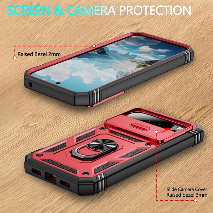 for Google Pixel 10 Pro XL Case, Pixel 9 Pro XL Case, with 3 Pcs Tempered Glass Screen Protector Built in Ring Stand Kickstand + Camera Cover, Hard PC Soft TPU Defender Full Body Protective Cover -Red - Image 7