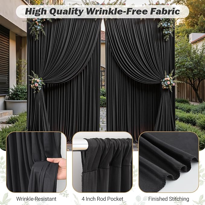 16ftx10ft Wrinkle Free Black Backdrop Curtain - 10 Feet Photography Backdrop Drapes, Silky Polyester Back Drop Cloth for Wedding Baby Shower Balloon Arch Background - Image 5